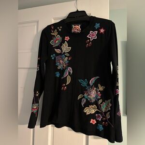 Johnny Was Black Top with Colorful Floral Embroidery